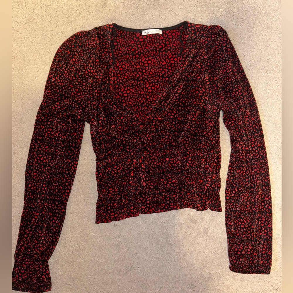 Zara Red Cheetah cinched satin shirt